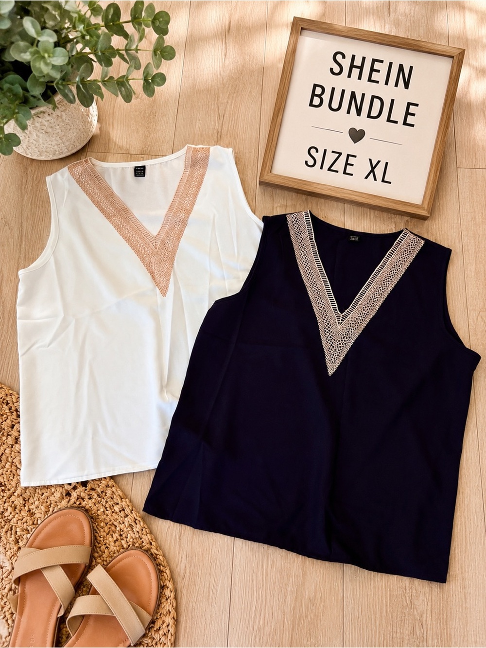 🖤🤍 SHEIN 2-Piece Sleeveless V-Neck Blouse Bundle XL | Neutral & Navy Tops